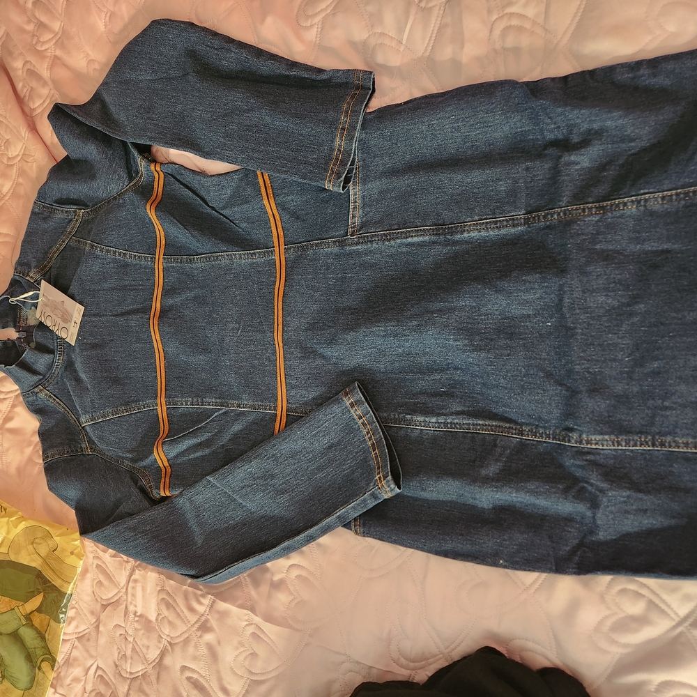 Denim Midi Dress with Orange Accents